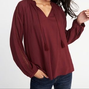 Relaxed Tassel-Tie Lace-Trim Top for Women
